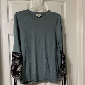 LOFT Teal Long Sleeve Top with Black Paisley Details